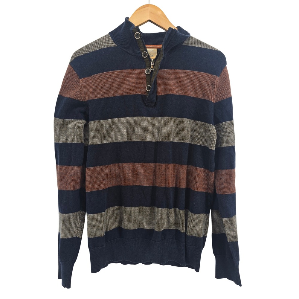 Refectory Sweater Mens Small Quarter Zip Mock Neck Navy Brown Striped EUC